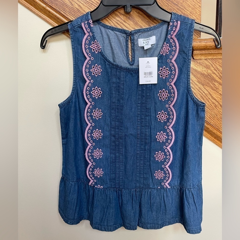 NWT, Crown & Ivy KIDS, girls Denim sleeveless top with pink emb. Size Large